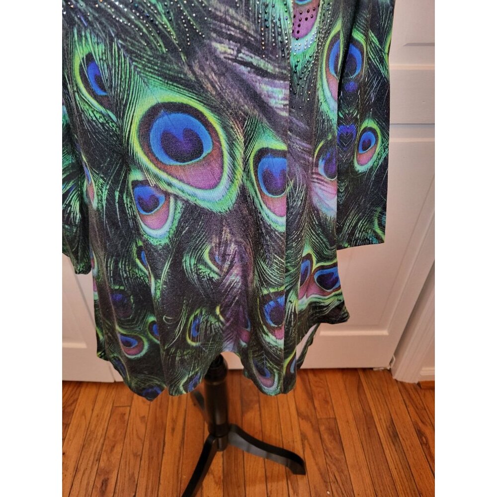 Green/Purple Peacock Print Tunic Rhinestones Handkerchief Hem L Mardi Gras Boho - Picture 5 of 9